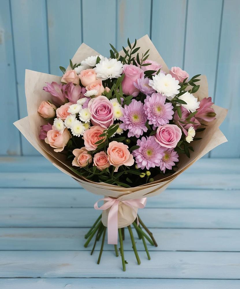 Букет цветов из: Хризантемы, Розы и Альстромерии в Тазовском