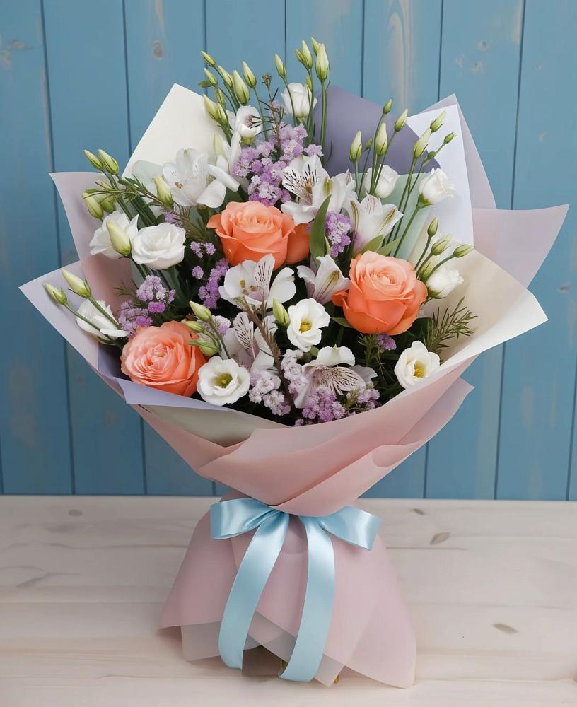 Букет цветов из: Лизиантусы, Розы, Альстромерии и Гипсофила в Тазовском